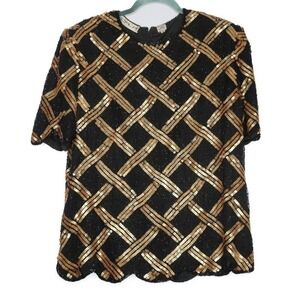 Scala Womens VTG Silk Blouse‎ 1X Black Gold Sequins Event Holiday New Years 90s